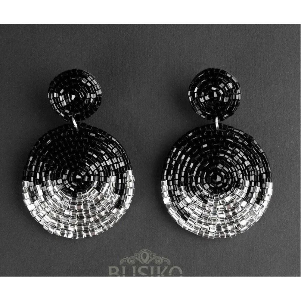 Black & Silver Beaded Circle‎ Handmade Drop Style Earrings NWT Evening Jewelry